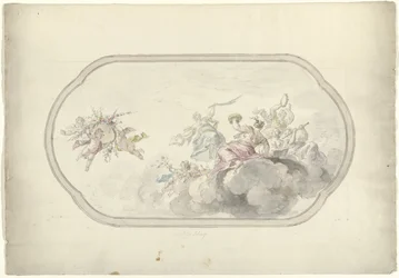 Design for et takmaleri med musikkskapende kvinner og putti med en blomsterkurv som allegori på Blijdschap