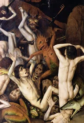 Helvete, detalj av en demon som slår de fordømte, ca. 1450