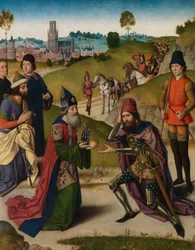Abrahams møte med Melkisedek, detalj fra altertavlen med det hellige sakramentet, ca. 1464-68
