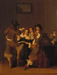 Elegante figurer som drikker og gleder seg i et interiør, 1653
