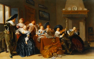 Elegante figurer med instrumenter ved et bord og en ung dame som synger i et interiør, 1637