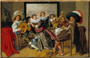 Galant møtemusikere og unge kvinner som spiller musikk og hever brillene på en fest. Maleri av Dirk Hals (1591-1656) 1625 søn. 0,3x0,46 m