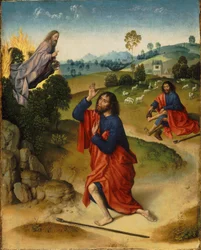 Moses og den brennende busken, med Moses som tar av seg skoene, ca. 1465