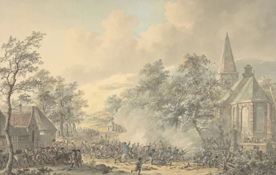 Kampscene med kirke til høyre, ca. 1790-1800.