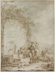 Frontispice for et album med tegninger: Peasants at a Fountain (recto)