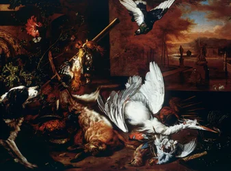 Stilleben med Dead Heron og Dog som bjeffer på Bird