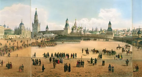 St. Basil-katedralen sett fra Kreml, fra et panorama av Moskva, gravert av Philippe Benoist 1813-c.1905 og Aubrun, pub. av Lemercier, c.1840 litho detalj av 105095