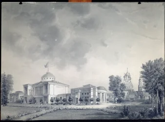 Utsikt over Ostankino-palasset, Moskva (Utsikt over Ostankino-palasset) - Verk av Dmitri Nikiforovich Martynov (1826-1889), blyant på papir