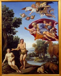 Gud irettesetter Adam og Eva Maleri av Domenico Zampieri (The Dominiquin) 1625 Søn. 0,95x0,75 m Grenoble, kunstmuseum
