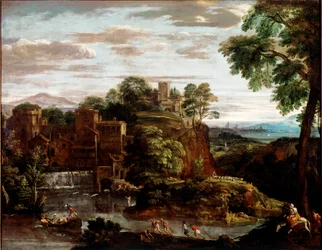 Landskap med flukt i Egypt Maleri av Domenico Zampieri dit Il Domenichino (1581-1641) 1620 ca. Sol. 165x202 cm Paris, Musee du Louvre - Landskap med flukt til Egypt, av Domenico Zampieri a.k.a Il Domenichino (1581-1641). Olje på lerret