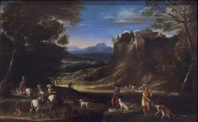 Skoglandskap med jaktscene