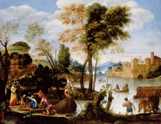 Italiensk elvelandskap med stangbåtmann og kvinne med en kurv med krabber, ca. 1604-05