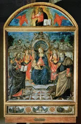 Madonna på tronen, Jesusbarnet, to engler og de hellige Bartolomeus og Antonius Abbas …