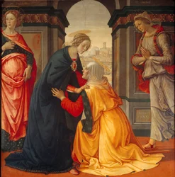 Marias besøk hos Elisabet: Jomfru Maria besøker Elisabet, mellom Maria Jakobe og Maria Salome, vitner til korsfestelsen og oppstandelsen, 1491