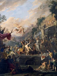 The Martyrdom of Saint Lawrence, malt av Domenico Gargiulo (1609 eller 1610-ca 1675), Italia