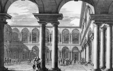Gårdsplassen til Brera-palasset i Milano, som huser Academy of Fine Arts and Art Gallery, designet av arkitekten Francesco Maria Richini (1584-1658), gravering av Domenico Aspari (1745-1831), Italia