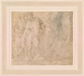 Beccafumi - Stående mannlig naken blant en gruppe figurer, en av dem liggende, ca. 1530–1540