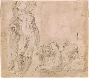 Beccafumi - Verso mannlig nakenfigur lent mot en trestamme og en liggende mannlig nakenfigur med hodet kastet bakover, ca. 1530–1540