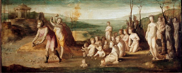Deukalion og Pyrrha. Skikkelser fra gresk mytologi som kaster steiner som gir liv til mennesker etter syndfloden. Maleri av Domenico Beccafumi (1486-1551), omkring 1525-1530. Tre. Mål: 53 x 134 cm. Italia, Firenze, Horne Foundation (Firenze, Fondazione