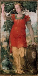 Kvinnelig karakter, kanskje Minerva. Maleri av Domenico Beccafumi (1486-1551).