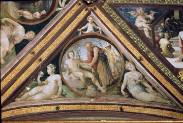 Promethee skaper mannen under blikket til Merkur som holder en løvfellende og iført hjelm og sandaler vinger Fresco av Domenico Beccafumi (1486-1551)