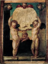 Putti reggimedaglione (Engler som bærer en medaljong over hodet). Maleri av Domenico Beccafumi (1486-1551)