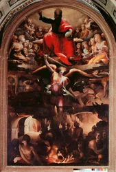 Saint Michael Chasing Rebel Angels Maleri av Domenico Beccafumi (1486-1551) 1526-1530 ca. Sol. 348x225 cm. Siena, Chiesa di San Niccolo al Carmine
