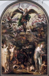Erkeengelen Mikael jager de opprørske englene (De opprørske englenes fall). Maleri av Domenico Beccafumi (1486-1551)