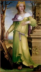 Tanaquil, kone til Tarquin den eldste, kongen av Roma. Etter ektemannens død sørget hun for arven etter svigersønnen Servius Tullius. Maleri av Domenico Beccafumi (1486-1551), cirka 1519. Drikk. Mål: 92x53cm. London, Nasjonalgalleriet - Tanaqui