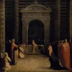 Tilbudet av nøklene til byen Siena til jomfruen, på eller etter 1526 (olje på papir på trepanel)