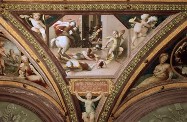 Cato av Uticas selvmord (Marcus Porcius Cato Uticensis), eller Cato den yngre (95-46 f.Kr.), freske av Domenico di Giacomo di Pace, kalt Beccafumi (1486-1551), 1524-1530, mål 100x130 cm, Siena, Palazzo Casini Casuccini
