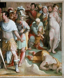 Drapet på den rike romerske plebeieren Spurius Maelius (5. århundre f.Kr.). Detalj. Fresko av Domenico di Giacomo di Pace, kalt Beccafumi (1486-1551), 1529-1535, Siena, Palazzo Pubblico