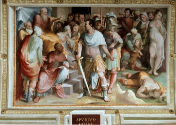 Attentatet på den rike romerske plebeieren Spurius Maelius (5. århundre f.Kr.). Freske av Domenico di Giacomo di Pace, kalt Beccafumi (1486-1551), 1529-1535. Siena, Palazzo Pubblico