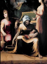 Jomfru Marias fødsel. Detalj med en tjenestepike og det nyfødte barnet. Kunstnerens leveår: 1486-1551, cirka 1540-1543. Mål: 233x145 cm. Italia, Siena, Det nasjonale pinakoteket (Siena, Pinacoteca Nazionale).