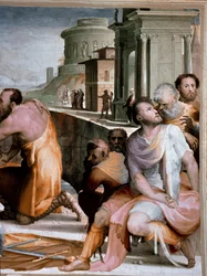 Forsoningen av den romerske konsul Marcus Fulvius Flaccus og Marcus Aemilius Lepidus rundt 126 f.Kr. Detalj. Fresco av Domenico di Giacomo di Pace dit Beccafumi (1486-1551) 1529-1535 Siena, Palazzo Pubblico
