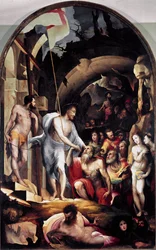 Kristi nedstigning til limbo. Han holder et hvitt banner med et rødt kors, et symbol på oppstandelsen. Maleri av Domenico Beccafumi (1486-1551)