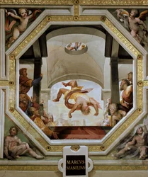 Marcus Manlius Capitolinus, Romas konsul, fall fra citadellet på Kapitol under den galliske invasjonen i 390 f.Kr. Freske av Domenico di Giacomo di Pace, kalt Beccafumi (1486-1551), 1529-1530, Siena, Palazzo Casini Casuccini