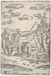 Forfalskeren står ved en ambolt og trekker en mann i lenker, fra serien The var..., ca. 1540-1550.