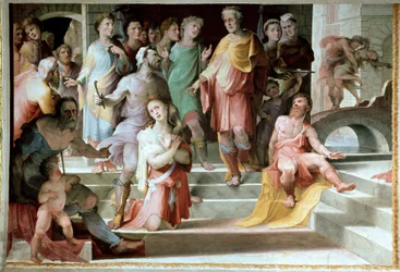 Offeret til Seleucos de Locres (Seleucus de Locride) Seleucos for å blinde sønnen sin, for å straffe ham for en voldtekt han hadde begått, foretrekker å dø med ett av øynene hans. Fresco av Domenico di Giacomo di Pace dit Beccafumi (1486-1551) 1529-1535 Si