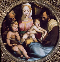 Tondo som representerer den hellige familien med Saint Giovanni (Saint John the Baptist) og en giver. Maleri av Domenico Beccafumi (1486-1551)
