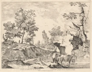 Landskap med gjeterinne og flokk ved et vannhull