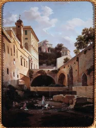 Utsikt over en side av villa del Principe eller palazzo di Andrea Doria a Genes, Italia (Utsikt over en side av villa del Principe Doria, Genova) Maleri av Domenico Cambiaso (1811-1894)