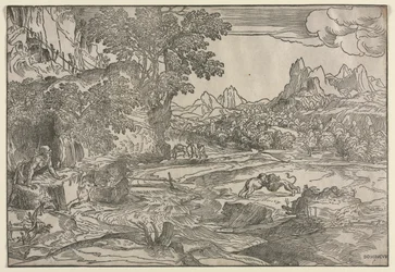 Landskap med Saint Hieronymus og to løver, ca. 1530-35.