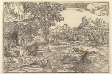 Landskap med Saint Hieronymus til venstre som ser mot løve og bjørn som slåss ved cente..., ca. 1530-35.