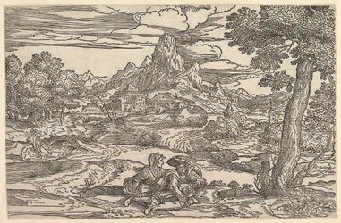 Landskap med en kvinne som sitter ved siden av en mann som spiller en dreieskiver, ca. 1540.