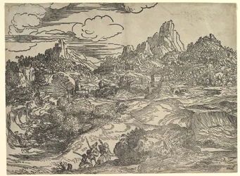 Landskap med familie som går sammen i forgrunnen, til venstre to figurer med ..., ca. 1535-40.