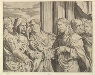 The Tribute Money: Kristus i midten til høyre og gestikulerer til mannen til venstre med mynter ..., ca. 1564-89.