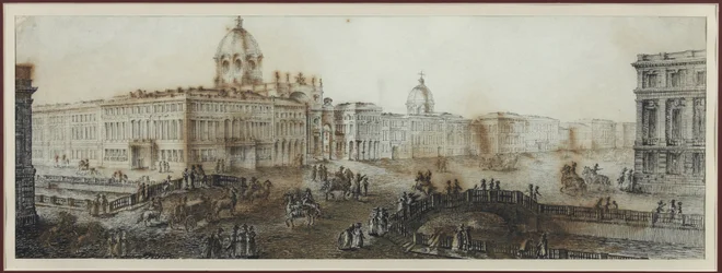 Nevsky Prospekt (perspektiv Nevski) nær Katarinakanalen i St. Petersburg - Domenico Felice Lamoni (1745-1830). Akvarell og hvit farge på papir, etter 1782. State Museum of the History of Saint Petersburg