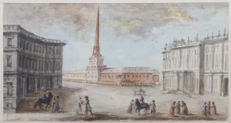 Slottsplassen i St. Petersburg - Domenico Felice Lamoni (1745-1830). Akvarell og hvit farge på papir, slutten av 1780-årene. Statens museum for historie i Sankt Petersburg