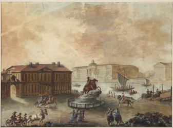 Rytterstatuen av Peter den store på Senatsplassen (place de Senat, place des decembristes ouplace de Pierre) - Domenico Felice Lamoni (1745-1830). Akvarell og hvit farge på papir, etter 1782. State Museum of the History of Saint Petersburg